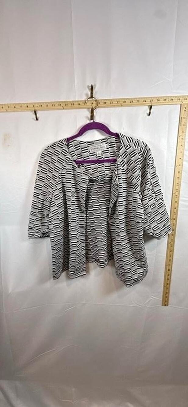 Vtg Chelsea Suite Womens 16 Jacket Black White Geometric Crinkle Open Front Top